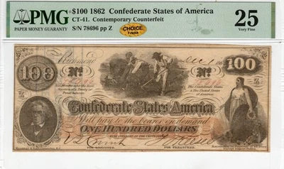 CT-41 315 1862 $100 Contemporary Counterfeit CSA Paper Money - PMG VF 25 CHOICE - Image 1 of 3