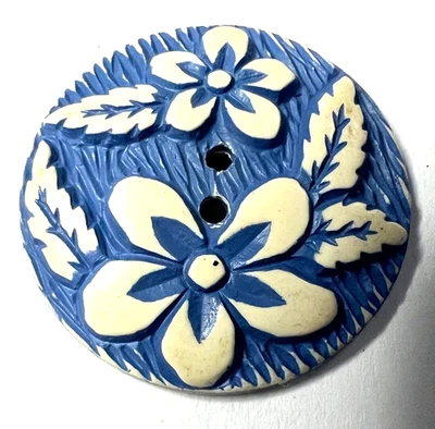 Old 1-pc. Buffed green celluloid button~"BLUE w/flowers"~1"~A55 - Image 1 of 2