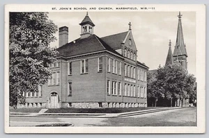 St. Johns Schule und Kirche Marshfield Wisconsin WI Postkarte - Bild 1 von 2