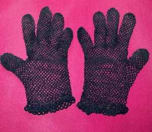 Paire de gants anciens fil de coton bleu marine au crochet - Imagen 1 de 2