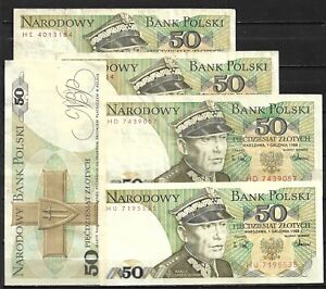 POLAND 1988 used banknotes 50 Zty 5 x as shown on scan