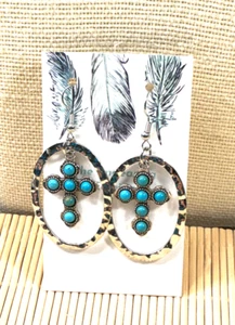 Fashion Earrings Faux Turquoise Southwestern Cross Silver Tone Pierced Lot 38A - Picture 1 of 2