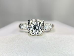 Art Deco 14k White Gold Natural Old European Diamond Engagement Ring