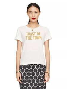 NEW KATE SPADE Toast of the Town Gold Glitter Casual Tee Shirt Top white XXS - Picture 1 of 2