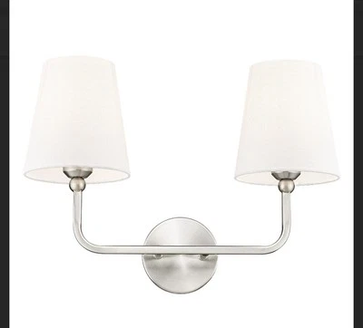 Lámparas de baño con 2 luces, níquel cepillado, pantalla de tela blanca, modernas Foto 1 de 4