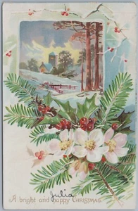 Felicitaciones de Navidad, escena de iglesia de invierno en relieve, postal c1907 - Imagen 1 de 2