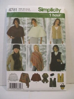 Simplicity Pattern 4781 Miss Size AA (XS-S-M) Ponchos Vest Scarf Head Band Bag - Image 1 of 4