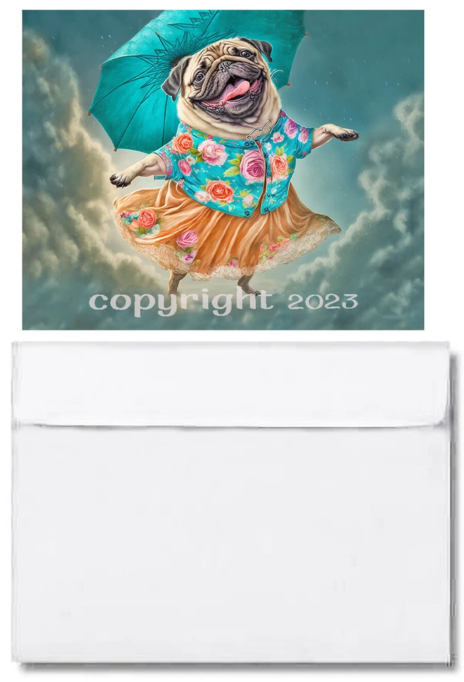 Мопс собака летающий зонт в облаках поздравительная открытка ручной работы - Изображение 1 из 1