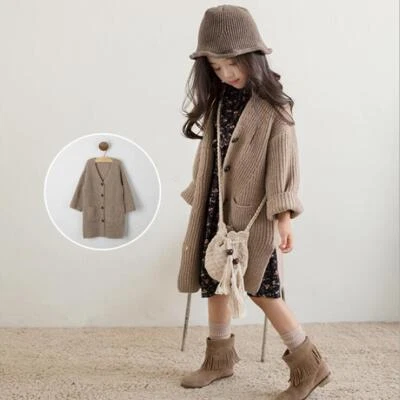 New Kids Child Knitted coat Girls Warm Long Wool Jacket Outerwear Loose Cardigan - Image 1 of 4