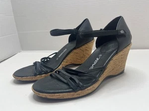 Teva Black Leather Riviera Wedge Strappy Open Toe Pump Sandal Size 6 - Picture 1 of 7