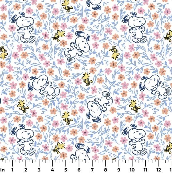 Cotton Peanuts Snoopy and Woodstock Floral White Fabric Print by Yard D606.01 - Image 1 of 1