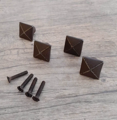 4pc Vtg cast iron square pyramid shape cabinet drawer door knobs screen handle Cover
