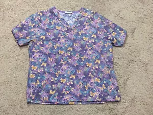 White Swan Womens Scrub Top Purple Butterfly Print Size Small Deep Pockets - Picture 1 of 12