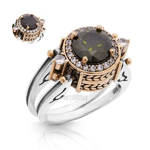 Turkish Reversible Round Peridot and Black Topaz 925 Sterling Silver Ring - Picture 1 of 17