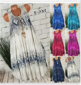 Summer Women Dress Holiday Ladies Boho Beach Sleeless Sun Dresses plus size - Picture 1 of 15