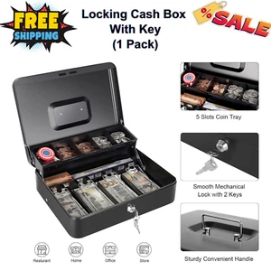 Large Cash Box with Money Tray and Lock, Metal Money Box for Cash, Lockbox 11.8" - Picture 1 of 8