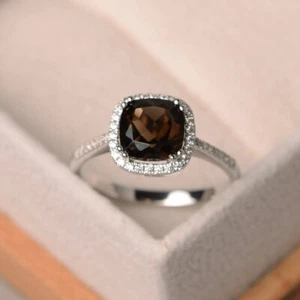 Natural Smoky Quartz Ring 925 Sterling Silver Cushion cut Unique Engagement Ring - Picture 1 of 7