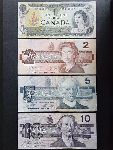 CANADA PAPER BANKNOTES $1, $2, $5, & $10 - 1973 to 1991 BILLS (4 Notes) Cover