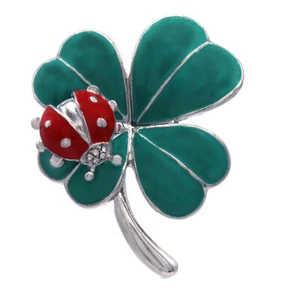 St. Patricks Day Good Luck Charm Green 4 Leaf Shamrock Clover Ladybug Pin Brooch - Picture 1 of 2