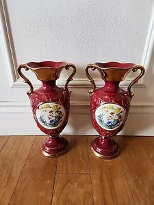 Ceramica Le Torri Italien Vase Burgund/Goldband und Griffe, Floral - 14 1/2"H - Bild 1 von 6