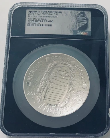 2019 Apollo 11 50th Anniv 5 oz .999 Silver $1 NGC PF 70 FDOI Cover