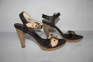 Minelli High Heel Sandals all Leather Brown And Cream Webbing/Straps T 37 Mint