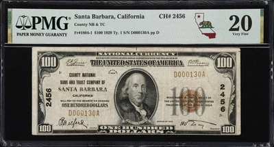 Santa Barbara, CA $100 1929 T1 Fr. 1804-1 County NB&TC Charter #2456. PMG VF-20. - Image 1 of 2