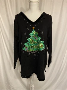 Quacker Factory Christmas Tree Sweater Black Womans Beaded Sequin 1X  - Picture 1 of 8