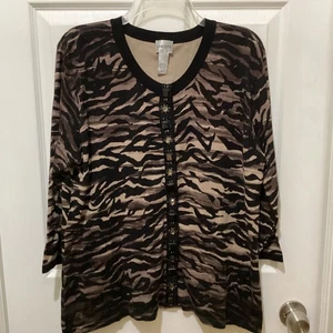 Chico's Animal Print Cardigan Pullover mit 3/4 Ärmeln & Schmuck bedeckten Druckknöpfen Gr. 3 - Bild 1 von 11
