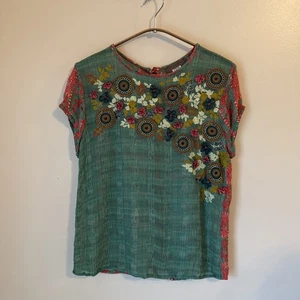 Anthropologie Bhanuni Abstract Top Womens Size S Embroidered Sheer Floral Preppy - Picture 1 of 6