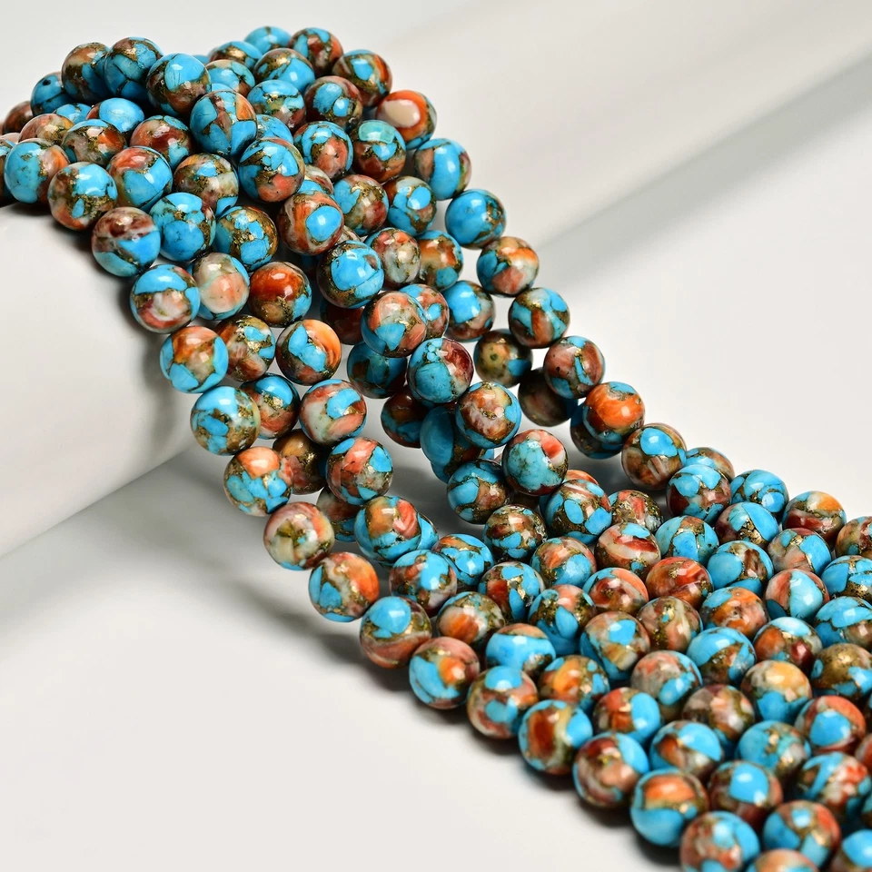 Natural Spiny Oyster Mohave Copper Turquoise Smooth Round Beads 8mm 15.5''Strand - Image 1 of 2