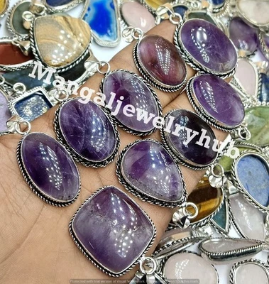 Venta Lote de joyas hechas a mano colgantes de piedras preciosas de amatista enchapados en plata de ley 925 Foto 1 de 4