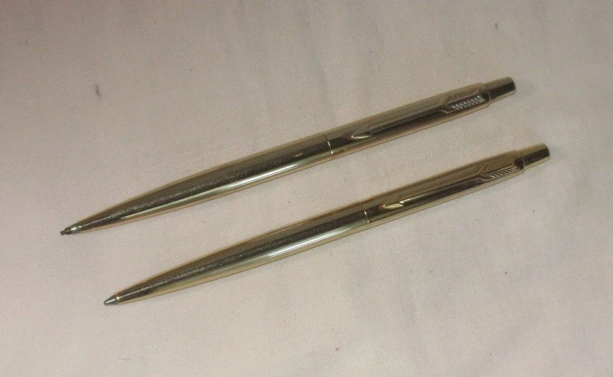 Vintage Parker Gold Filled Brushed With Lines Ballpoint Pen And Pencil Set; USA - Image 1 of 4