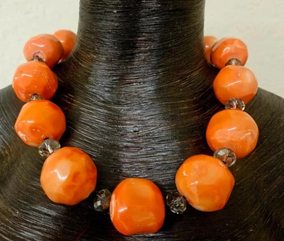 Peach Coral Polished Orb & Faceted Crystal Statement Necklace - Orange Choker - Image 1 of 4