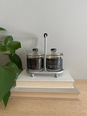 Juego de crema y azúcar de vidrio Culver moderno de mediados de siglo con carrito Foto 1 de 4