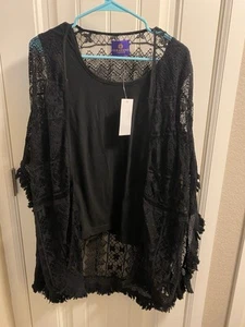 NWT Curations Caravan L Tank Lace Cardigan Set 2 Black Top Shirt Open Large Lg - Picture 1 of 10