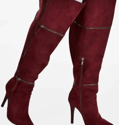 Ashley Stewart Bota Sobre la Rodilla Talla 10W, ¡¡NUEVA!! VINO de imitación de cuero/tela Foto 1 de 4