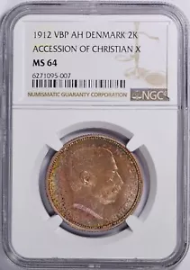 Denmark 1912 VBP Silver 2 Kroner (KM-811) Christian X Accession NGC MS64 Nicely - Picture 1 of 5
