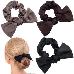 3pcs Silk Bow Scrunchies Black Coffee Gray Bowknot Hair Ties Elastic Ponytail... - Picture 1 of 6