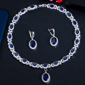 Elegante Conjunto de Joyería de Disfraz de Mujer Collar Gota Ovalado Hoja Circonita Cúbica Azul - Imagen 1 de 7