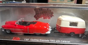 RED CADILLAC ELDORADO 1953 AUTO w/Caravan-TRAVEL TRAILER HO 1:87. RTR BUILT CAR - Picture 1 of 14