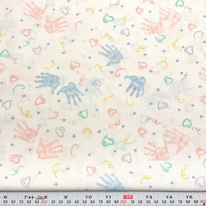 Vintage Pastel Baby Handprints Hearts Cotton Blend Fabric Remnant 13" x 44" - Picture 1 of 2