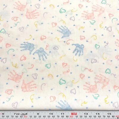 Vintage Pastel Baby Handprints Hearts Cotton Blend Fabric Remnant 13" x 44" - Image 1 of 2