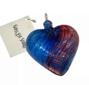 Glass Eye Studio Heart Ornament Blue & Red Clear Curlicue - Handmade w/ Tag - Picture 1 of 5