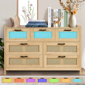 Uimoso Rattan Drawer Dresser Natural Closet Home Storage Cabinet with Lights - Picture 1 of 12