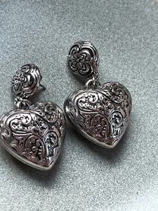 Large Silvertone Oval w Ornate Puffy Heart Dangle Post Earrings for Pierced Ears - Picture 1 of 4