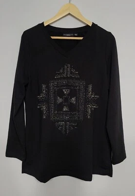 Susan Graver Artesanal Talla Mediana Negra Manga Larga Cuentas Geométricas Foto 1 de 4