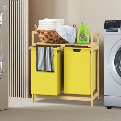 Wäschekorb Bambus Wäschesammler Wäschetruhe Korb 2 Wäschesäcke Wäschesortierer - Bild 1 von 4