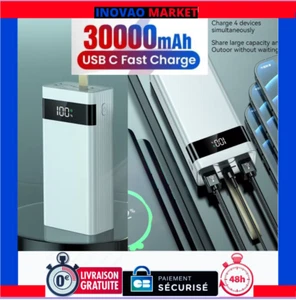 Chargeur Power Bank 30000mAh Blanc 4 Ports USB, Type-C Charge Rapide Smartphone - Imagen 1 de 7