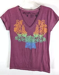 L.O.L. VINTAGE Wmn's/Jr Heather Burgundy Floral V-Neck Short Slve T-Shirt size L - Picture 1 of 6